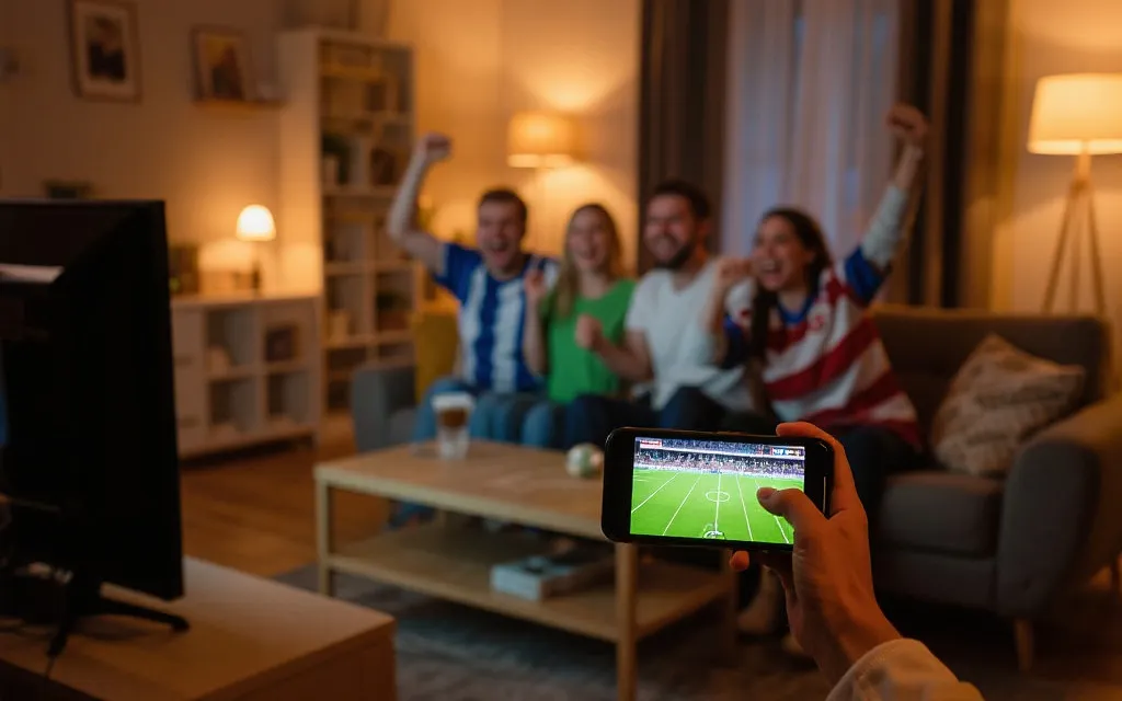 多设备同时观看足球比赛的球迷